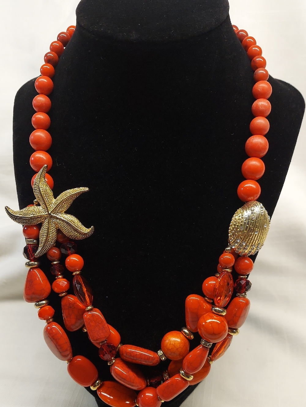 Talbots Starfish Seashell Red & Gold Tone 3 Strand Beach Theme Necklace 20" Long